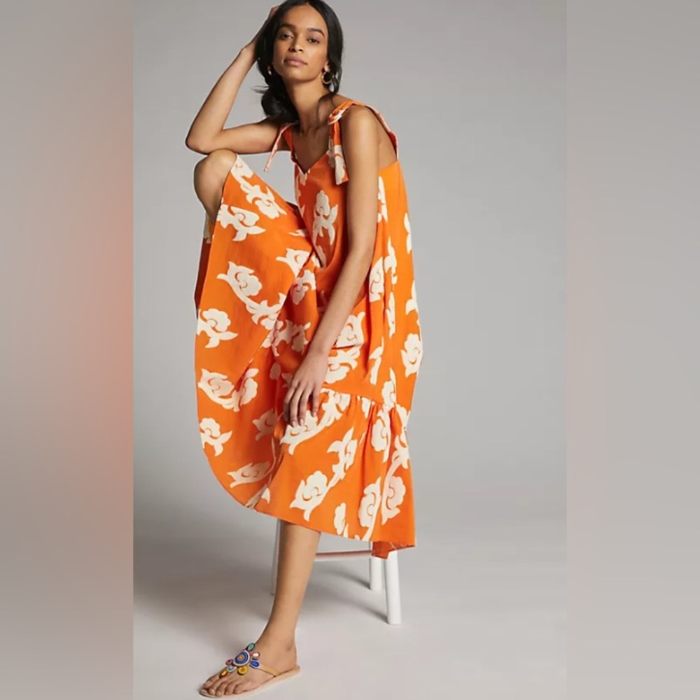 Orange Floral Print Maxi Dress with Tie Straps